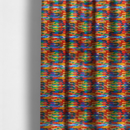 The fabric used to create these made-to-measure curtains features a colourful, mosaic-like pattern made up of small, horizontal rectangular blocks in a wide variety of bright colours, including red, orange, yellow, blue, green, and purple.   