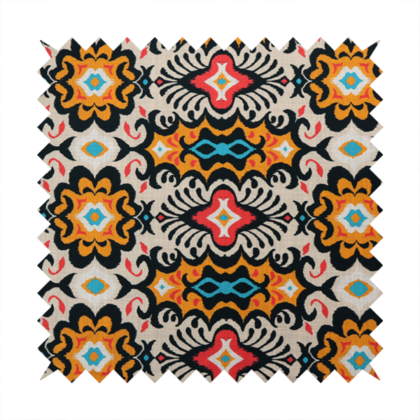 The image features a vibrant, symmetrical ikat-style pattern set against a light background. The design includes elaborate floral motifs and geometric shapes in striking shades of black, orange, yellow, bright red, and turquoise.   