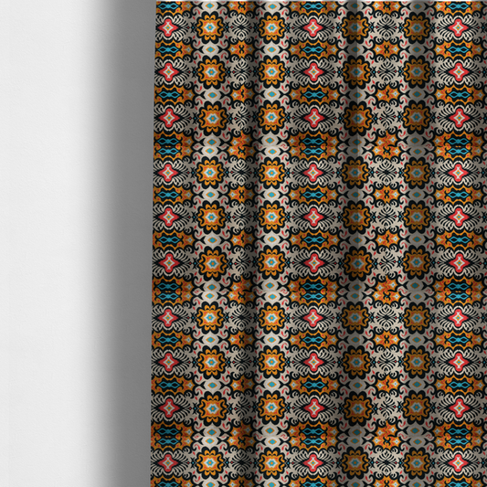 The fabric used to create these made-to-measure curtains features a vibrant, symmetrical ikat-style pattern set against a light background. The design includes elaborate floral motifs and geometric shapes in striking shades of black, orange, yellow, bright red, and turquoise.   