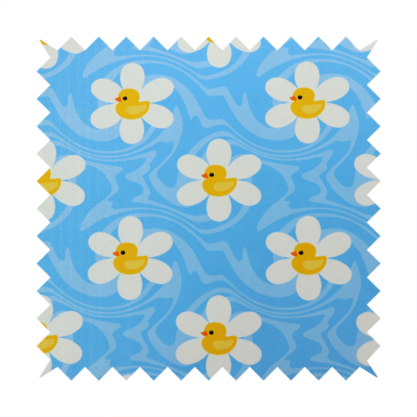 The image features a repeating pattern of white daisies with yellow centres shaped like little rubber ducks, all set against a wavy blue background.   