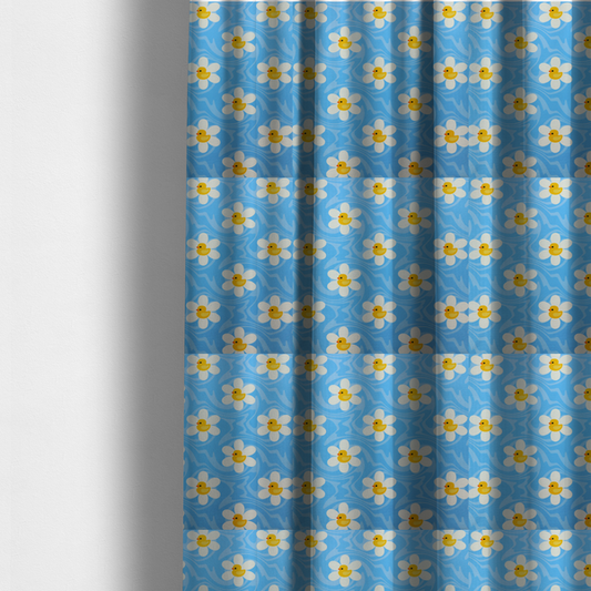 the fabric used to create these made-to-measure curtains features a repeating pattern of white daisies with yellow centres shaped like little rubber ducks, all set against a wavy blue background.   