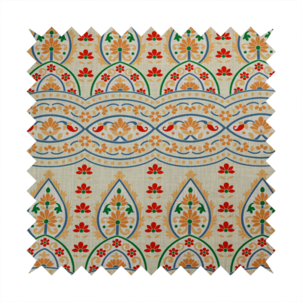 The image features an intricate, traditional-style repeating pattern set against a light, neutral background. The design incorporates teardrop-shaped paisley motifs, arched borders, and horizontal bands filled with floral details in shades of orange, blue, green, and red.   