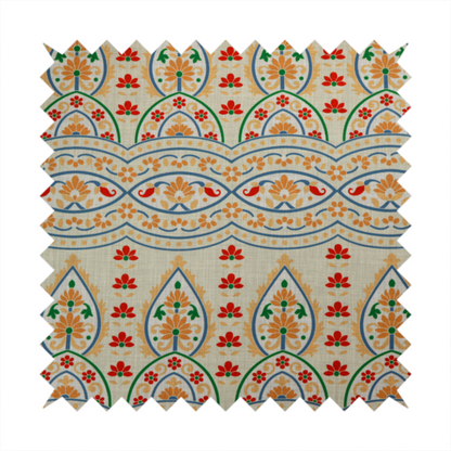 The image features an intricate, traditional-style repeating pattern set against a light, neutral background. The design incorporates teardrop-shaped paisley motifs, arched borders, and horizontal bands filled with floral details in shades of orange, blue, green, and red.   