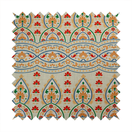 The image features an intricate, traditional-style repeating pattern set against a light, neutral background. The design incorporates teardrop-shaped paisley motifs, arched borders, and horizontal bands filled with floral details in shades of orange, blue, green, and red.   