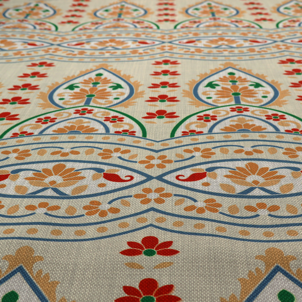 The image features an intricate, traditional-style repeating pattern set against a light, neutral background. The design incorporates teardrop-shaped paisley motifs, arched borders, and horizontal bands filled with floral details in shades of orange, blue, green, and red.   