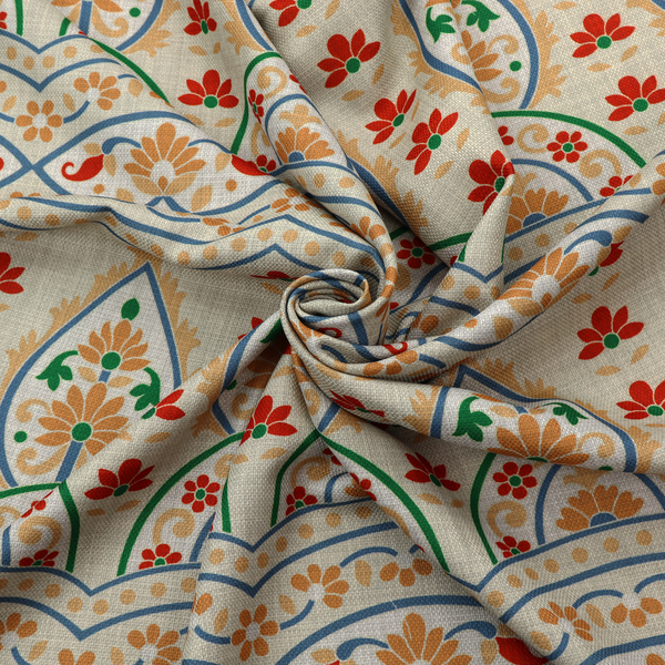 The image features an intricate, traditional-style repeating pattern set against a light, neutral background. The design incorporates teardrop-shaped paisley motifs, arched borders, and horizontal bands filled with floral details in shades of orange, blue, green, and red.   