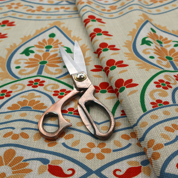 The image features an intricate, traditional-style repeating pattern set against a light, neutral background. The design incorporates teardrop-shaped paisley motifs, arched borders, and horizontal bands filled with floral details in shades of orange, blue, green, and red.   