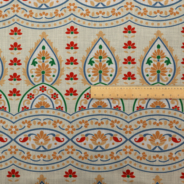 The image features an intricate, traditional-style repeating pattern set against a light, neutral background. The design incorporates teardrop-shaped paisley motifs, arched borders, and horizontal bands filled with floral details in shades of orange, blue, green, and red.   