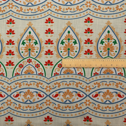 The image features an intricate, traditional-style repeating pattern set against a light, neutral background. The design incorporates teardrop-shaped paisley motifs, arched borders, and horizontal bands filled with floral details in shades of orange, blue, green, and red.   