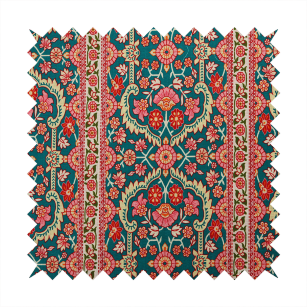 The image features a vertical striped pattern filled with ornate floral and botanical motifs, set against a rich teal background. The intricate design includes scrolling vines and blossoms in shades of pink, red, and cream.