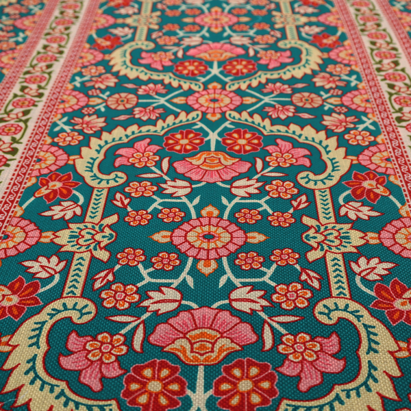 The image features a vertical striped pattern filled with ornate floral and botanical motifs, set against a rich teal background. The intricate design includes scrolling vines and blossoms in shades of pink, red, and cream.