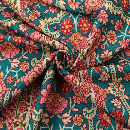 The image features a vertical striped pattern filled with ornate floral and botanical motifs, set against a rich teal background. The intricate design includes scrolling vines and blossoms in shades of pink, red, and cream.