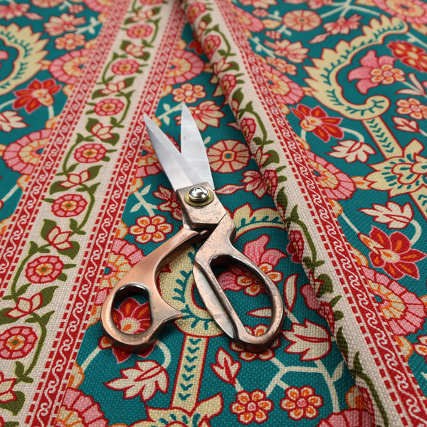 The image features a vertical striped pattern filled with ornate floral and botanical motifs, set against a rich teal background. The intricate design includes scrolling vines and blossoms in shades of pink, red, and cream.