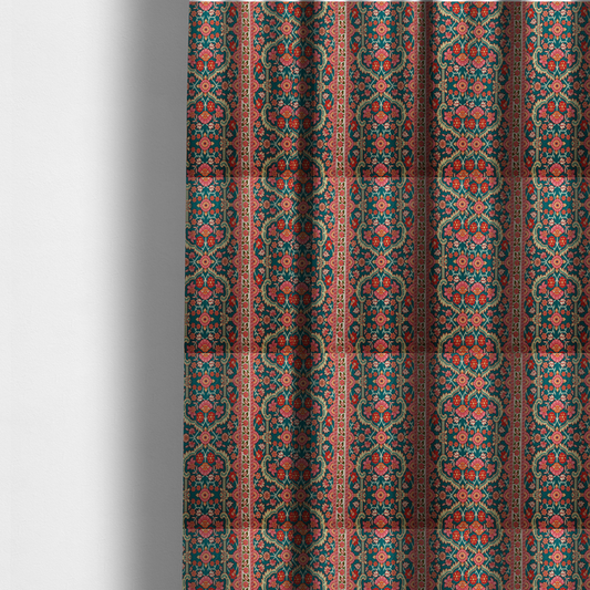 The fabric used to create these made-to-measure curtains features a vertical striped pattern filled with ornate floral and botanical motifs, set against a rich teal background. The intricate design includes scrolling vines and blossoms in shades of pink, red, and cream.