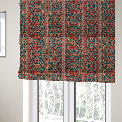 The fabric used to create these Roman blinds features a vertical striped pattern filled with ornate floral and botanical motifs, set against a rich teal background. The intricate design includes scrolling vines and blossoms in shades of pink, red, and cream.