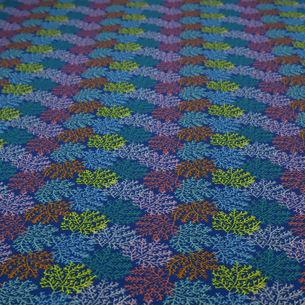 The image features an intricate, dense repeating pattern of sea coral or moss-like clusters set against a deep blue background. The design is filled with detailed organic shapes rendered in various vibrant colours, including lime green, rust orange, teal, and soft pink.