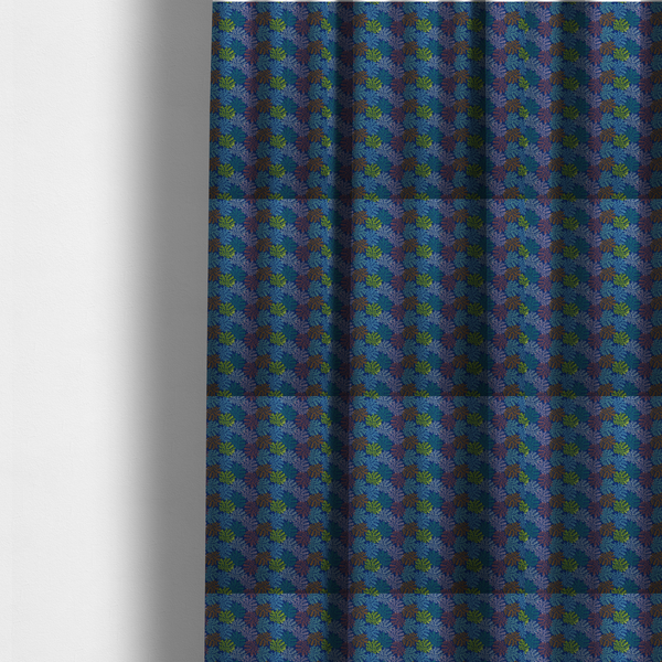 The fabric used to create these made-to-measure curtains features an intricate, dense repeating pattern of sea coral or moss-like clusters set against a deep blue background. The design is filled with detailed organic shapes rendered in various vibrant colours, including lime green, rust orange, teal, and soft pink