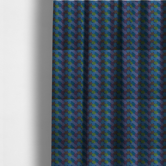 The fabric used to create these made-to-measure curtains features an intricate, dense repeating pattern of sea coral or moss-like clusters set against a deep blue background. The design is filled with detailed organic shapes rendered in various vibrant colours, including lime green, rust orange, teal, and soft pink