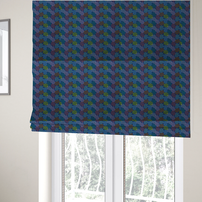 The fabric used to create these Roman blinds features an intricate, dense repeating pattern of sea coral or moss-like clusters set against a deep blue background. The design is filled with detailed organic shapes rendered in various vibrant colours, including lime green, rust orange, teal, and soft pink.