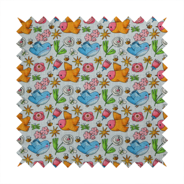 The image features a playful, repeating pattern of whimsical birds, flowers, and bees set against a light background. The whimsical design includes blue and orange-yellow birds, pink and white flowers, and tiny buzzing bees.