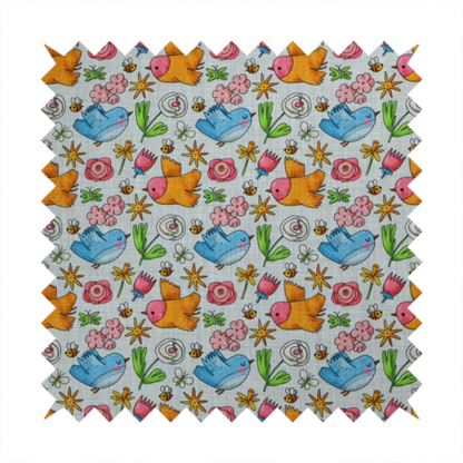 The image features a playful, repeating pattern of whimsical birds, flowers, and bees set against a light background. The whimsical design includes blue and orange-yellow birds, pink and white flowers, and tiny buzzing bees.