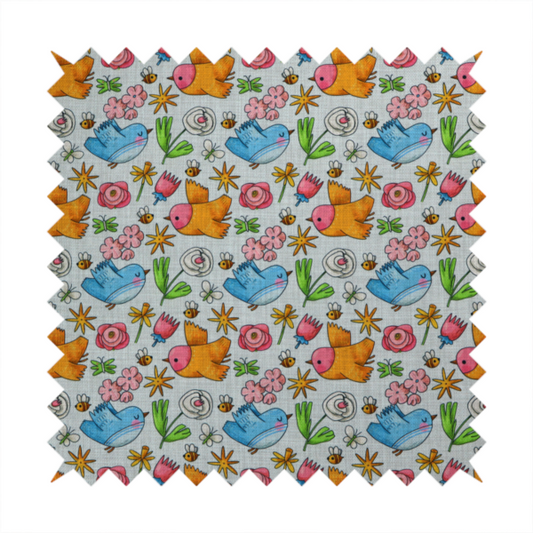 The image features a playful, repeating pattern of whimsical birds, flowers, and bees set against a light background. The whimsical design includes blue and orange-yellow birds, pink and white flowers, and tiny buzzing bees.