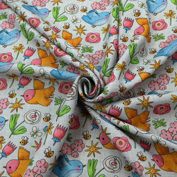 The image features a playful, repeating pattern of whimsical birds, flowers, and bees set against a light background. The whimsical design includes blue and orange-yellow birds, pink and white flowers, and tiny buzzing bees.