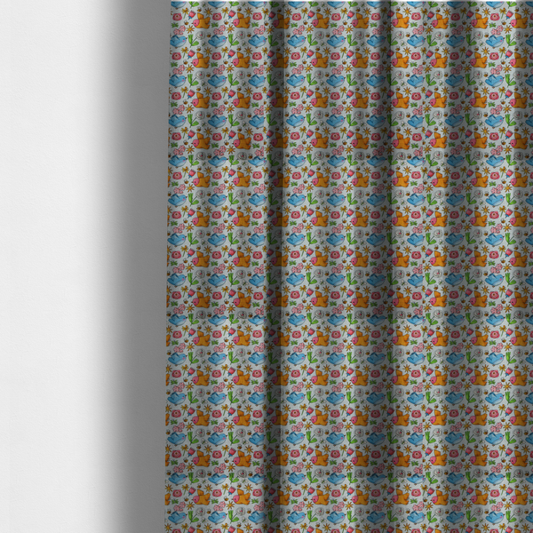 The fabric used to create these made-to-measure curtains features a playful, repeating pattern of whimsical birds, flowers, and bees set against a light background. The whimsical design includes blue and orange-yellow birds, pink and white flowers, and tiny buzzing bees.