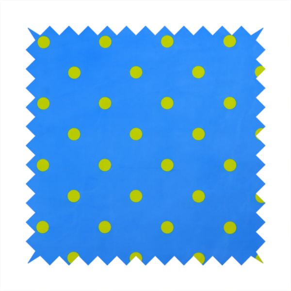 A blue fabric pattern featuring evenly spaced yellow polka dots arranged in horizontal and vertical rows.