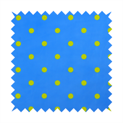 A blue fabric pattern featuring evenly spaced yellow polka dots arranged in horizontal and vertical rows.