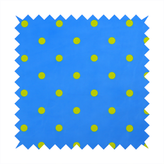 A blue fabric pattern featuring evenly spaced yellow polka dots arranged in horizontal and vertical rows.