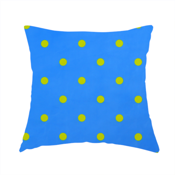 The fabric used to create this handmade cushion is a blue fabric pattern featuring evenly spaced yellow polka dots arranged in horizontal and vertical rows.
