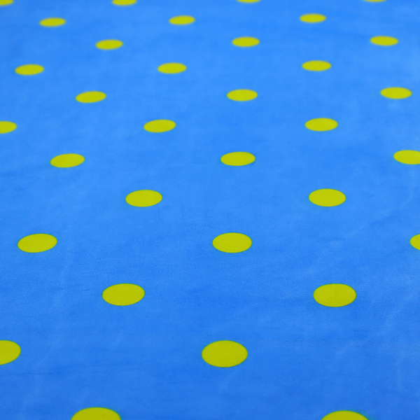 A blue fabric pattern featuring evenly spaced yellow polka dots arranged in horizontal and vertical rows.