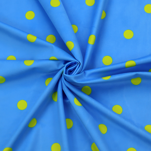 A blue fabric pattern featuring evenly spaced yellow polka dots arranged in horizontal and vertical rows.