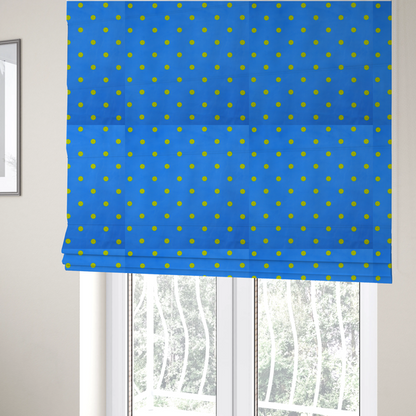 The fabric used to create these Roman blinds is a blue fabric pattern featuring evenly spaced yellow polka dots arranged in horizontal and vertical rows.