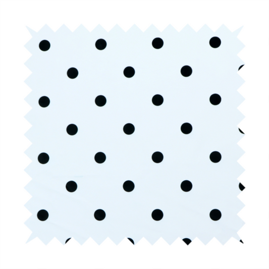 A white fabric pattern featuring evenly spaced black polka dots arranged in horizontal and vertical rows.