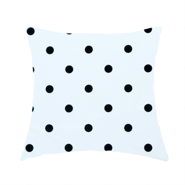 The fabric used to create this handmade cushion is a white fabric pattern featuring evenly spaced black polka dots arranged in horizontal and vertical rows.