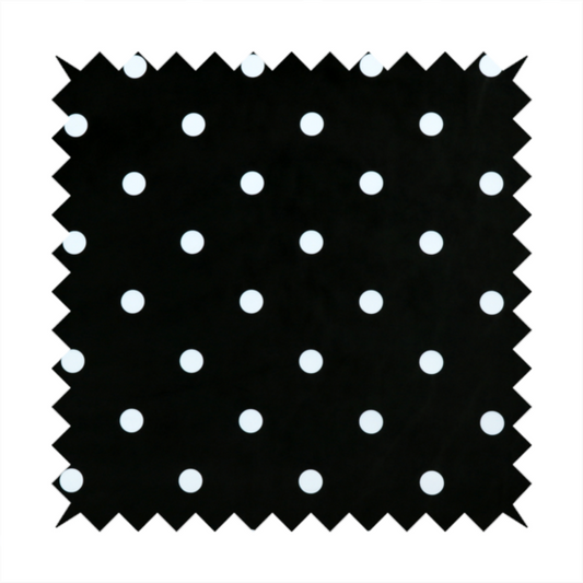 A black fabric pattern featuring evenly spaced white polka dots arranged in horizontal and vertical rows.