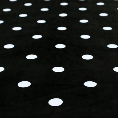 A black fabric pattern featuring evenly spaced white polka dots arranged in horizontal and vertical rows.