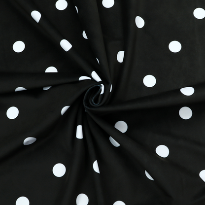 A black fabric pattern featuring evenly spaced white polka dots arranged in horizontal and vertical rows.