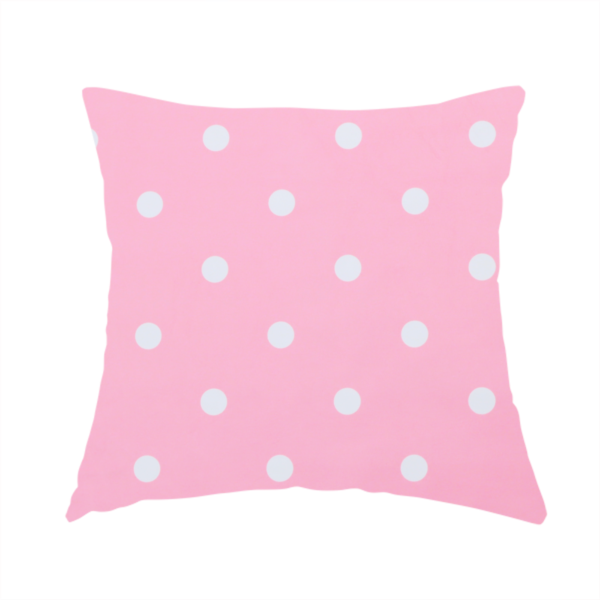 The fabric used to create this handmade cushion is a pink fabric pattern featuring evenly spaced white polka dots arranged in horizontal and vertical rows.