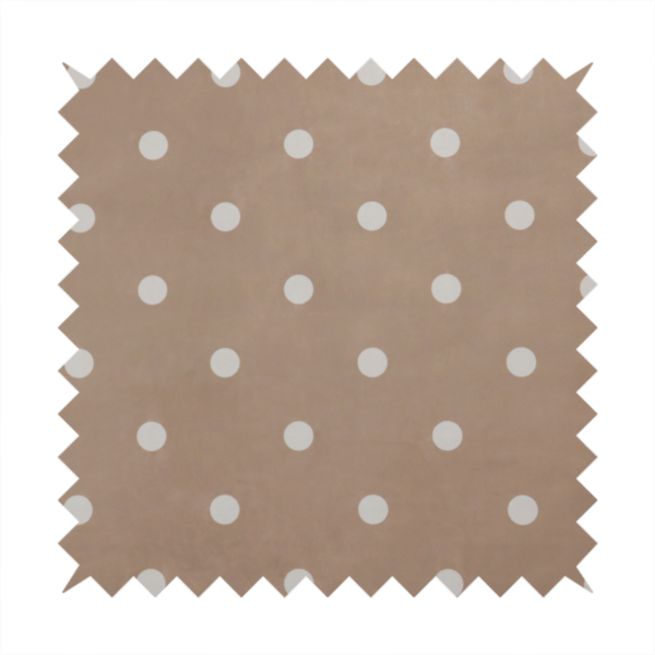 A taupe or warm grey-brown fabric pattern featuring evenly spaced white polka dots arranged in horizontal and vertical rows.