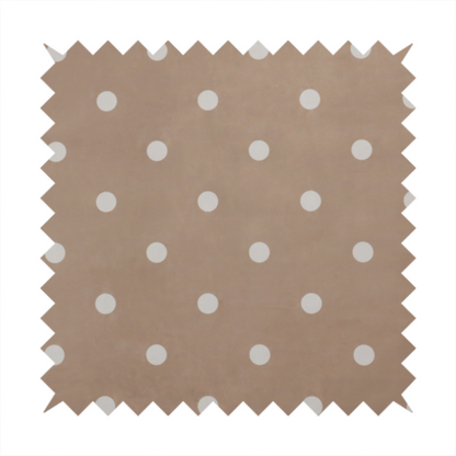 A taupe or warm grey-brown fabric pattern featuring evenly spaced white polka dots arranged in horizontal and vertical rows.