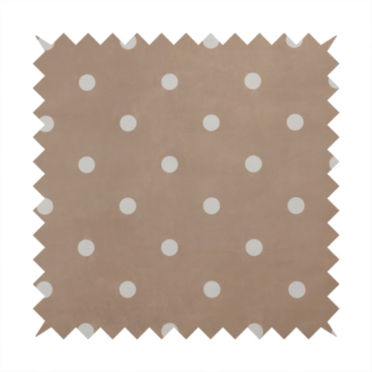 A taupe or warm grey-brown fabric pattern featuring evenly spaced white polka dots arranged in horizontal and vertical rows.
