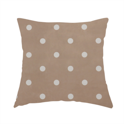 The fabric used to create this handmade cushion is a taupe or warm grey-brown fabric pattern featuring evenly spaced white polka dots arranged in horizontal and vertical rows.