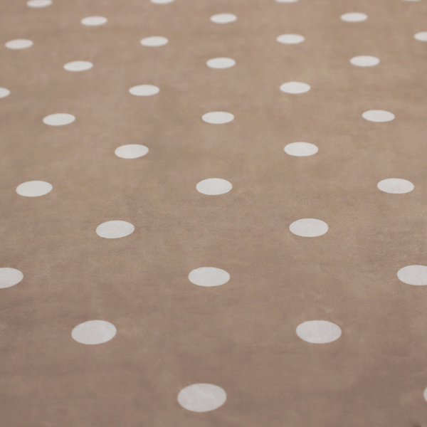 A taupe or warm grey-brown fabric pattern featuring evenly spaced white polka dots arranged in horizontal and vertical rows.