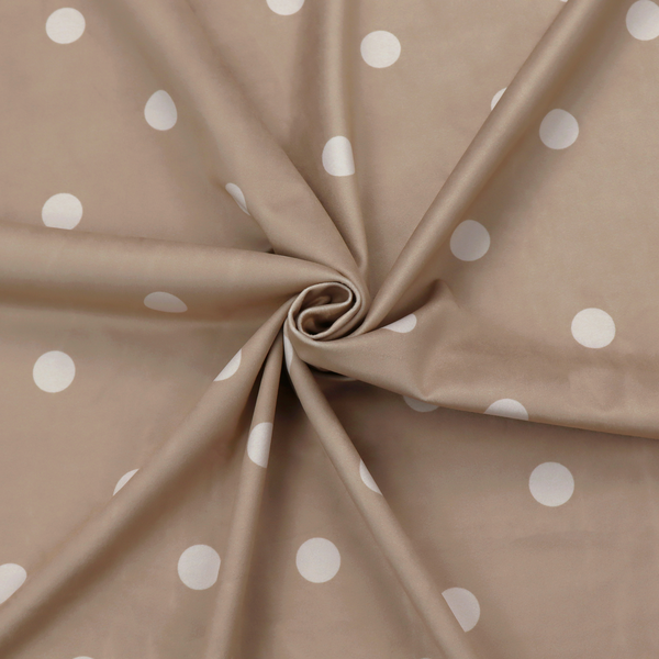 A taupe or warm grey-brown fabric pattern featuring evenly spaced white polka dots arranged in horizontal and vertical rows.