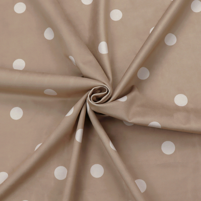 A taupe or warm grey-brown fabric pattern featuring evenly spaced white polka dots arranged in horizontal and vertical rows.