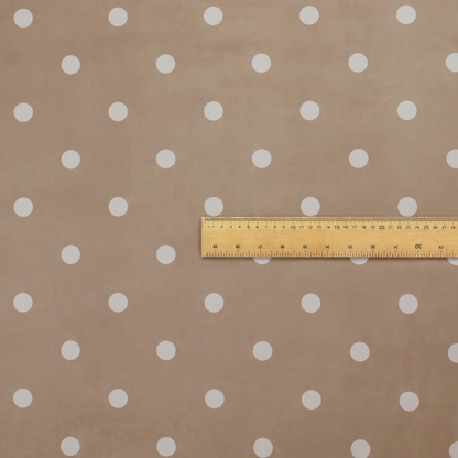 A taupe or warm grey-brown fabric pattern featuring evenly spaced white polka dots arranged in horizontal and vertical rows.