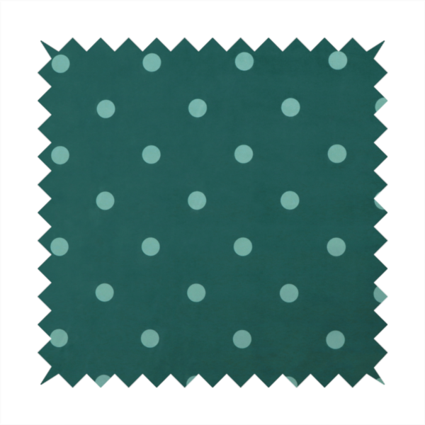 A dark teal or blue-green fabric pattern featuring evenly spaced pale green or off-white polka dots arranged in horizontal and vertical rows.